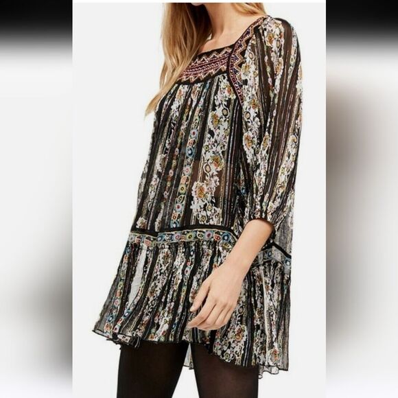 NWOT Free People Dance Magic Tunic Dress in black Size M chiffon embroidered - Picture 2 of 14